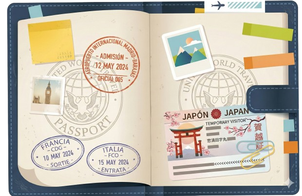 Carnet de voyage ouvert avec photos, stylo, post-it et trombone